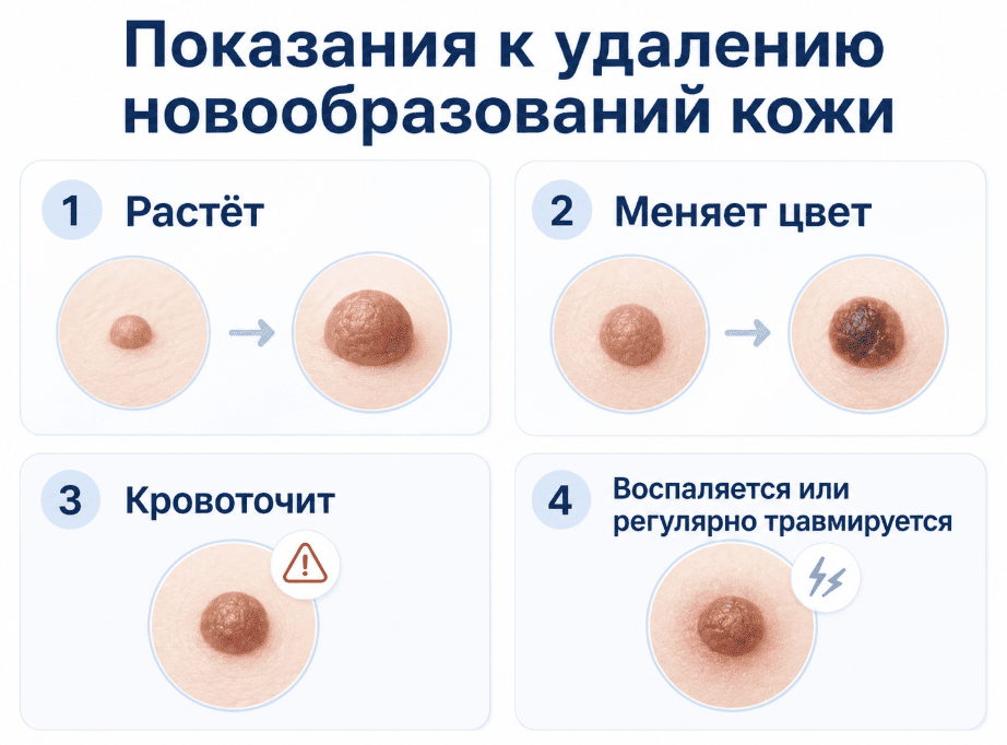Показания к удалению
новообразованию кожи