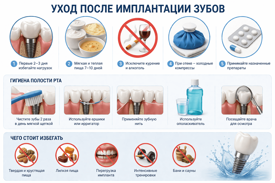 Уход после имплантации зубов