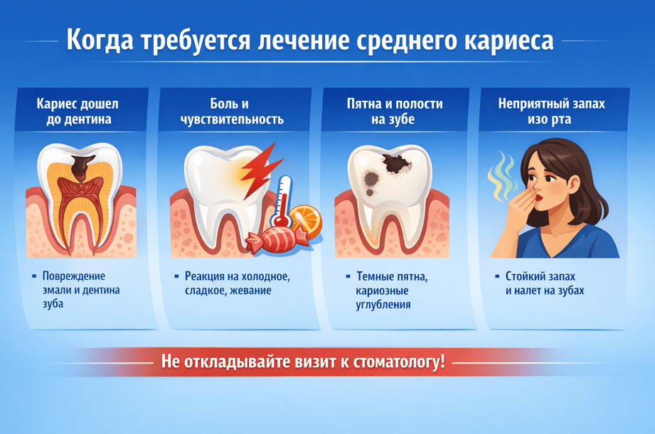 Когда требуется лечение среднего кариеса