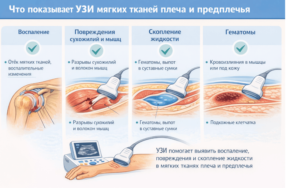 Что показывает УЗИ мягких тканей плеча и предплечья