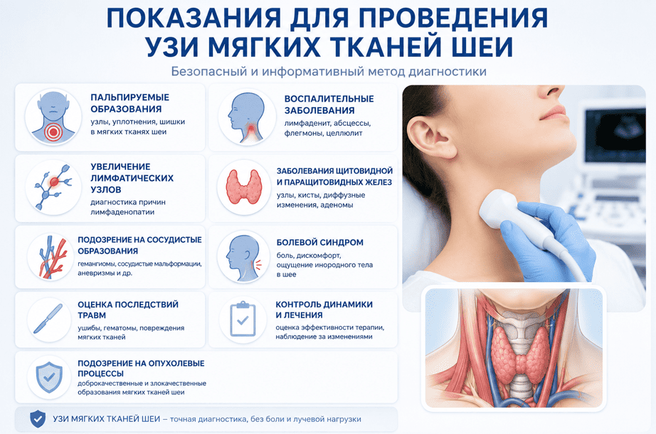 Показания для проведения УЗИ мягких тканей шеи
