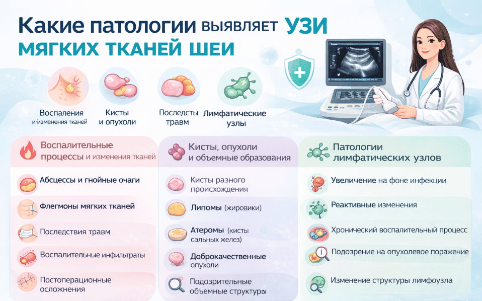 Какие патологии выявляет УЗИ мягких тканей шеи
