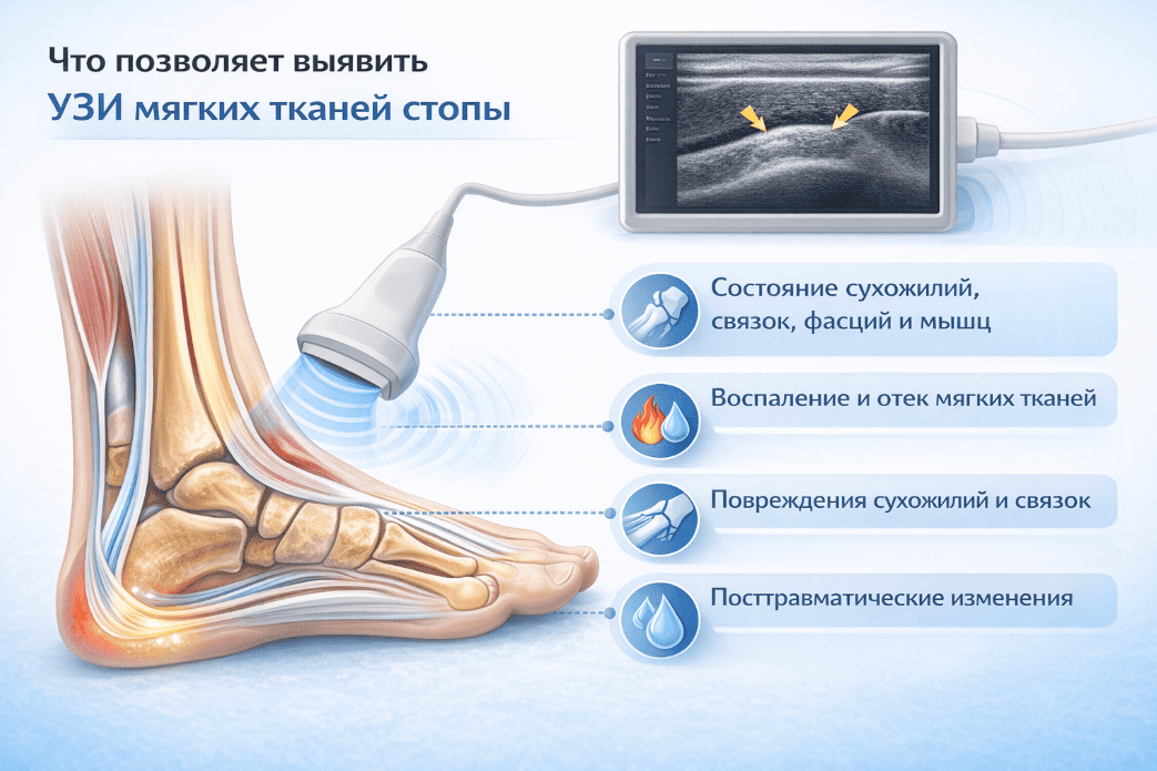 Что позволяет выявить УЗИ мягких тканей стопы
