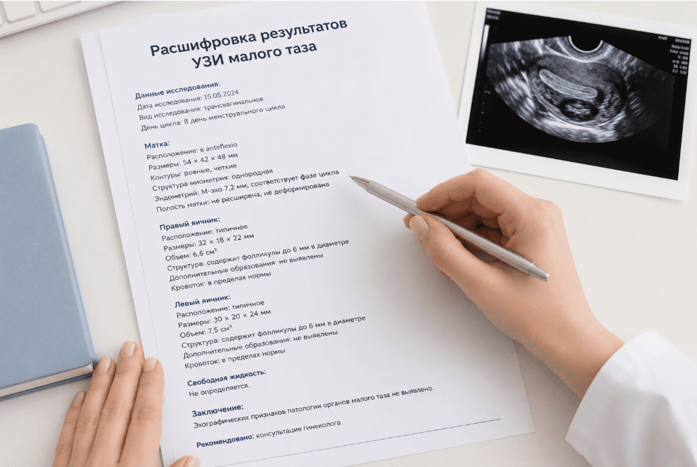 Расшифровка результатов
УЗИ малого таза